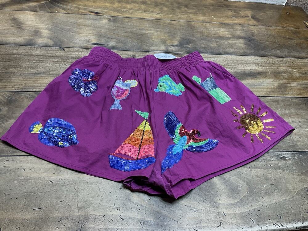 QUEEN OF SPARKLES SEQUIN TROPICAL ICON SHORT SIZE SMALL NWT